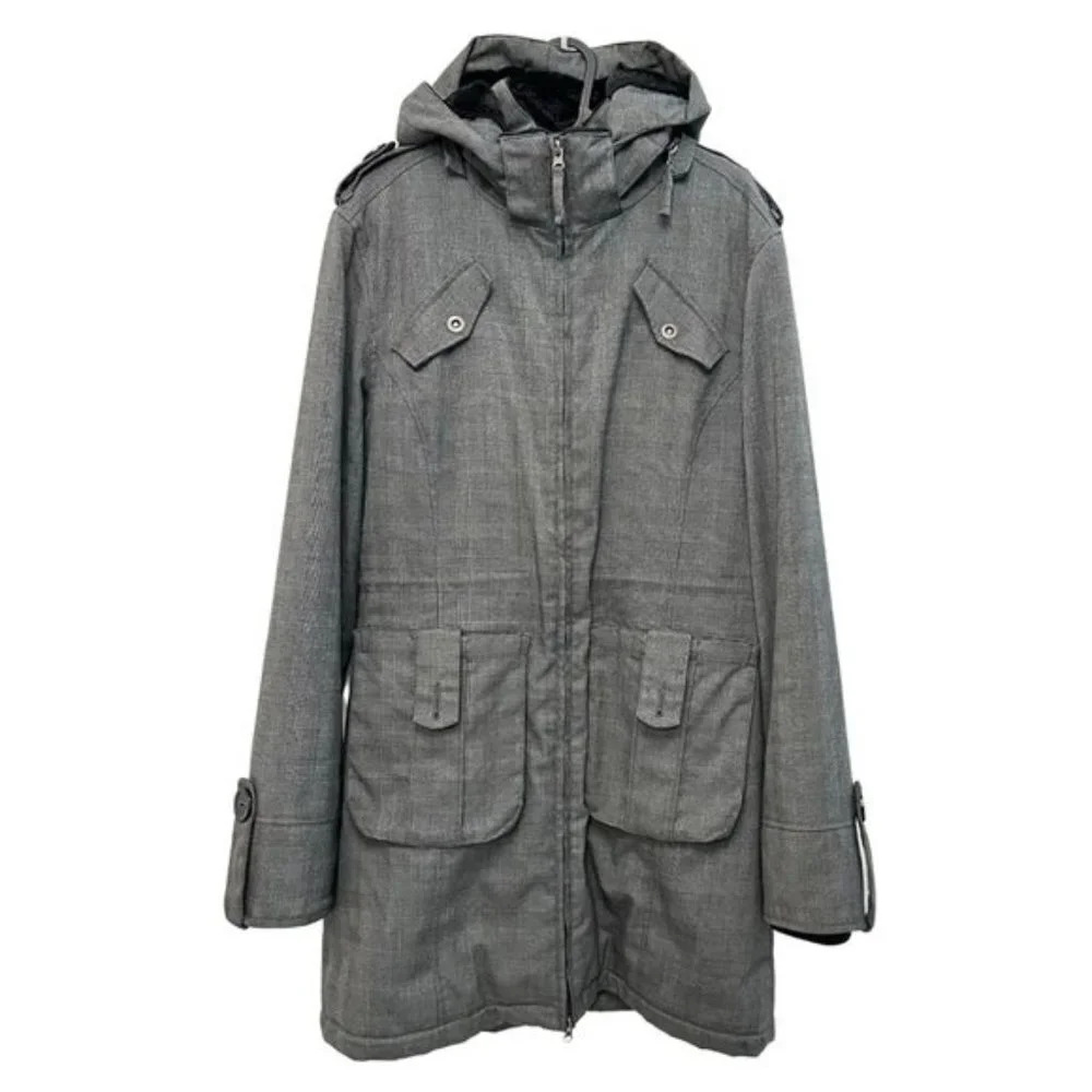 Oxygen Plaid Glen Check Warm And Cozy Winter Parka Jacket Grey Women's Large